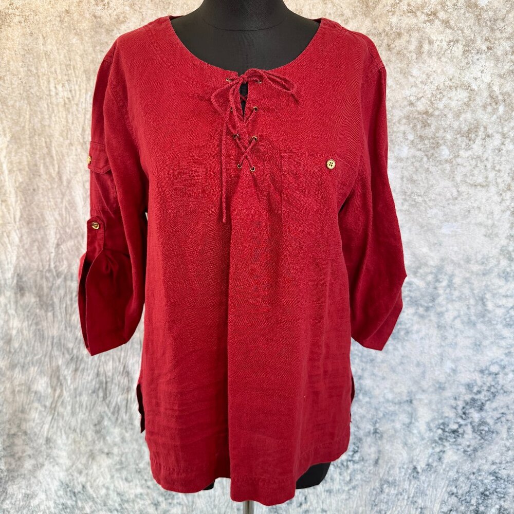 Lauren Ralph Lauren Red Utility Linen Tie Front Tunic Size L